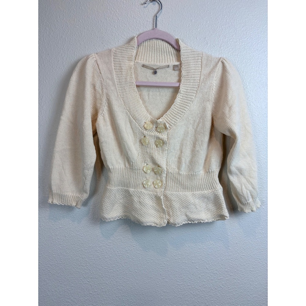 Anthropologie Knitted Knotted Peplum Sweater Cream Cardigan Coquette Cottagecore
